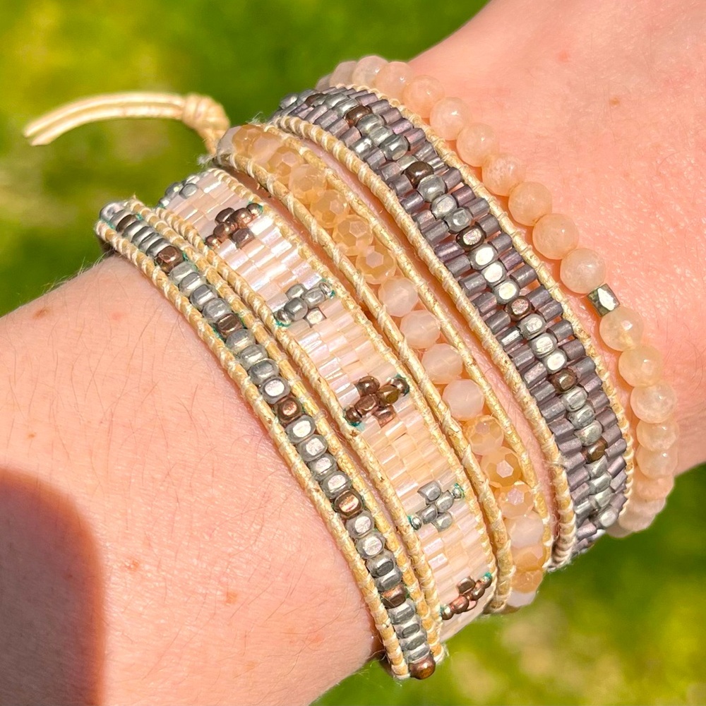 Nakamol Five Layer Adjustable Wrap Bracelet Leather Beads Pink Metallic